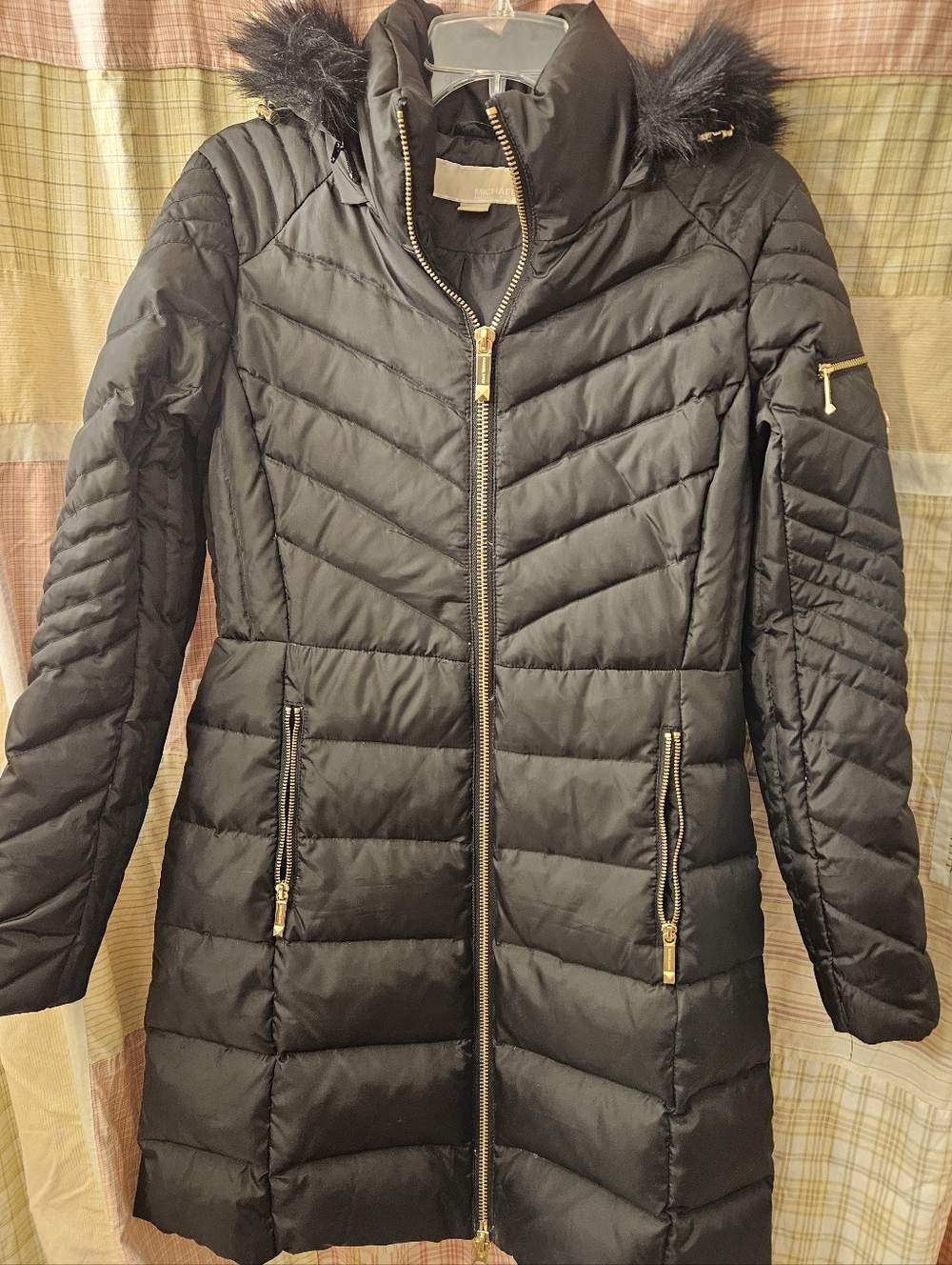 Womens Michael Kors Black Quilted Long Puffer Coat with Faux Fur Trim Size S